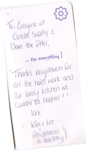 Thanks very much for all the hard work and our lovely kitchen we couldn’t be happier! — Kim & Lee