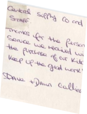 Thanks for the personal service we received with the purchase of our kitchen. Keep up the good work! — Dave and Dawn Collins